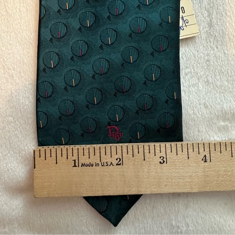 Vintage Christian Dior Monsieur Poly Silk Mens Neck Tie Teal Green Circles NWT - Picture 7 of 7